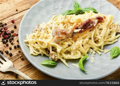 Traditional italian dish spaghetti carbonara with bacon.Dish of spaghetti alla carbonara. Homemade pasta carbonara