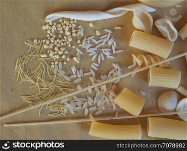 Traditional Italian pasta. Many different kinds of Italian pasta including penne macaroni (maccheroni) fusilli spaghetti trenette (linguine) orecchiette tortiglioni conchiglie (shells) rice and egg pasta