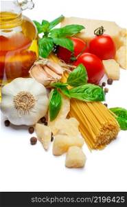 Traditional italian products - pasta, parmesan cheese, tomatoes, olive oil on white background. Traditional italian products - pasta, parmesan cheese, tomatoes, olive oil