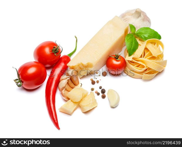 Traditional italian products - pasta, parmesan cheese, tomatoes on white background. Traditional italian products - pasta, parmesan cheese, tomatoes