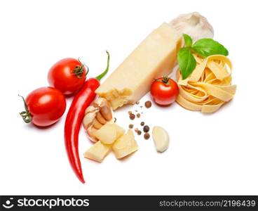 Traditional italian products - pasta, parmesan cheese, tomatoes on white background. Traditional italian products - pasta, parmesan cheese, tomatoes