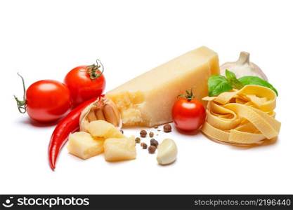 Traditional italian products - pasta, parmesan cheese, tomatoes on white background. Traditional italian products - pasta, parmesan cheese, tomatoes