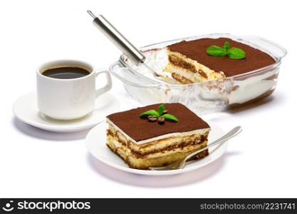 Traditional Italian Tiramisu dessert in glass baking dish, portion on plate and cup of coffee isolatet on white background.. Traditional Italian Tiramisu dessert in glass baking dish, portion on plate and cup of coffee isolatet on white background