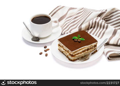 Traditional Italian Tiramisu dessert square portion on ceramic plate and cup of fresh espresso coffee isolated on white background. Traditional Italian Tiramisu dessert square portion on ceramic plate and cup of fresh espresso coffee isolated on white