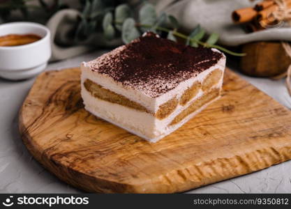 Traditional italian tiramisu dessert with cup of coffee