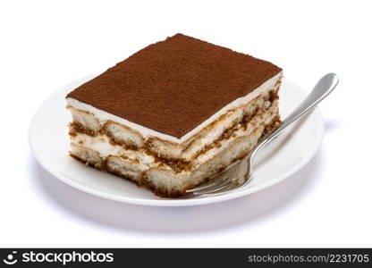 Traditional Italian Tiramisu square dessert portion on ceramic plate isolated on white background with clipping path embedded. Traditional Italian Tiramisu square dessert portion on ceramic plate isolated on white background with clipping path