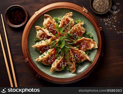 Traditional japanese gyoza dumplings with chopsticks and sauce on table.AI generative