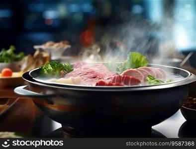 Traditional japanese shabu shabu meal with wagyu beef and vegetables on table.AI Generative