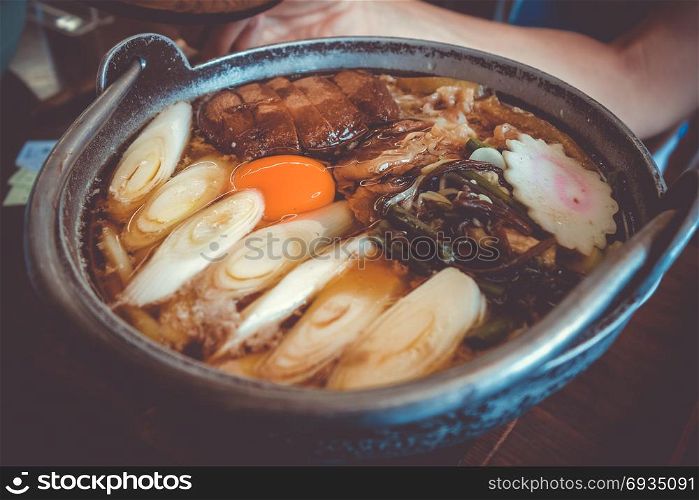 traditional japanese sukiyaki meal hot pot. Close-up view. traditional japanese sukiyaki meal