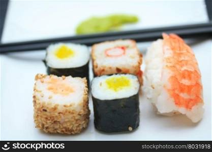 traditional Japanese sushi with chopsticks and Japanese condiment, wasabi