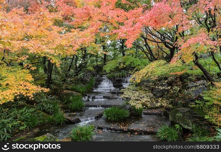 Traditional Japanese waterfall garden of Kokoen during autumn season in Himeji, Japan