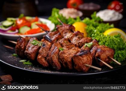 Traditional Kebab. Juicy pork skewers with vegetables on a plate.