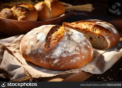Traditional leavened sourdough bread with rought skin on a rustic wooden table.