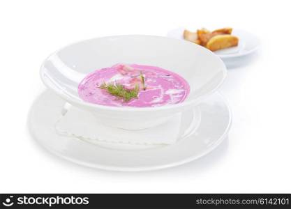 traditional lithuanian cold soup with greens, beet and eggs