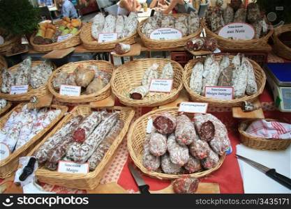 Traditional made sausages on a French market in the Provence