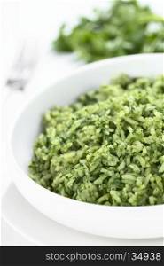 Traditional Mexican Arroz Verde green rice dish made of long-grain rice, spinach, cilantro and garlic (Selective Focus, Focus one third into the rice). Mexican Arroz Verde Green Rice Dish