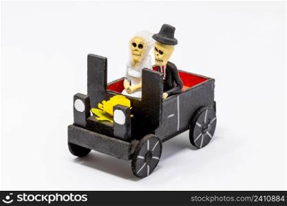 Traditional mexican dead couple riding a car on Day of the Dead isolated. Traditional mexican dead couple riding a car on Day of the Dead