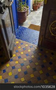 Traditional Moroccan entrance interior with traditional colorful tiles