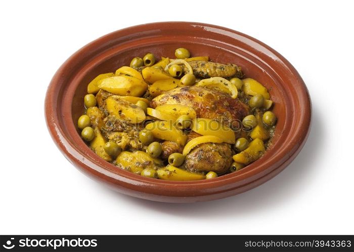 Traditional moroccan tajine with chicken,potatoes and olives on white background