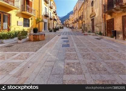 Traditional narrow medieval street in Castellammare del Golfo. Italy. Sicily.. Italy. Sicily. Castellammare del Golfo.