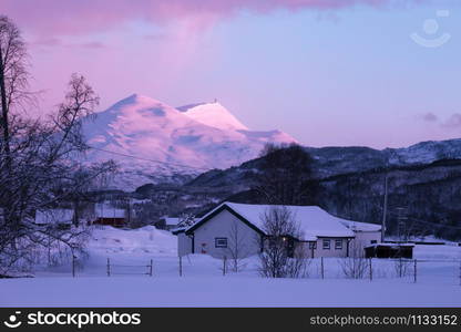 traditional norwegian wooden house and forest with mountain in the distance. Lofoten Islands. Norway. world travel