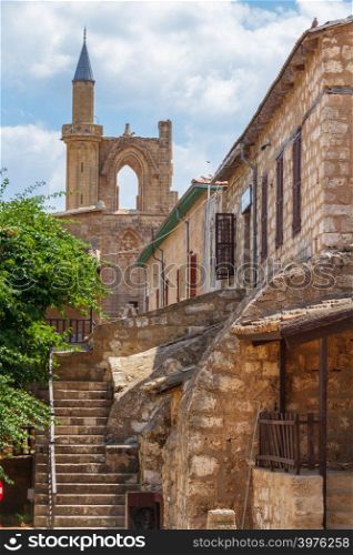 Traditional old buildings in the walled old medieval city of Famagusta, island of Cyprus in portrait format