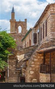 Traditional old buildings in the walled old medieval city of Famagusta, island of Cyprus in portrait format
