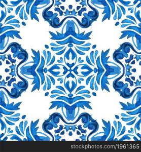 Traditional ornate portuguese azulejos. Blue watercolor painting backdrop for, print, pillows, surface,. ceramic tiles in turkish style. Seamless patchwork from Azulejo tiles. Portuguese and Spain decor in blue, white.