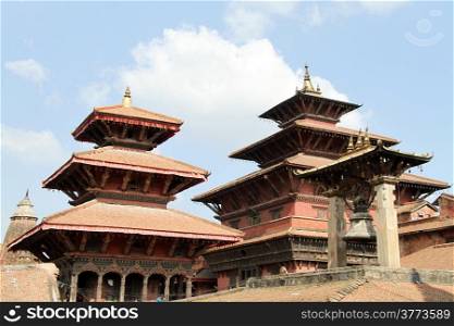 Traditional pagodas and big bronze bell in Patan, Nepal