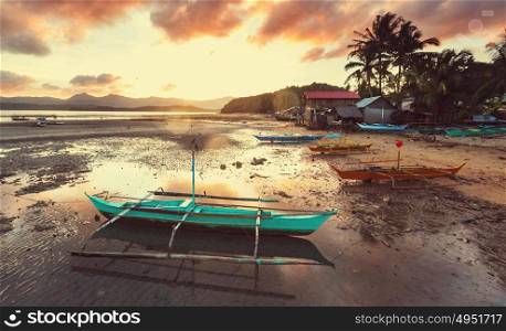 Traditional Philippino boat in the sea, Palawan island, Philippines