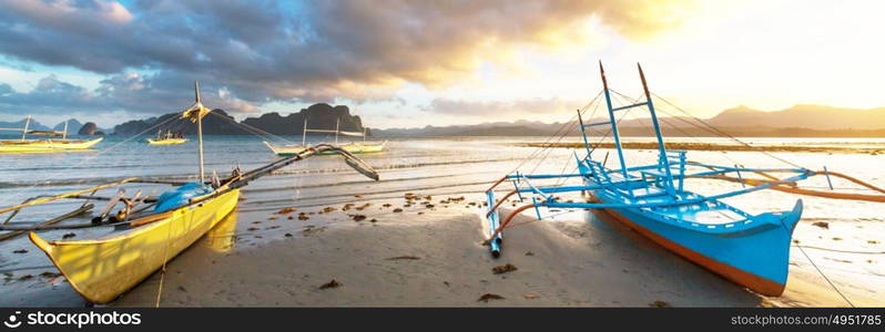 Traditional Philippino boat in the sea, Palawan island, Philippines