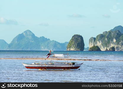 Traditional Philippino boat in the sea, Palawan island, Philippines