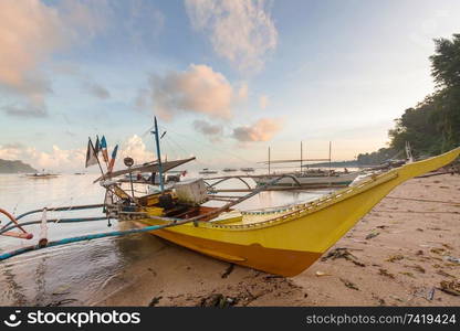 Traditional Philippino boat in the sea, Palawan island, Philippines