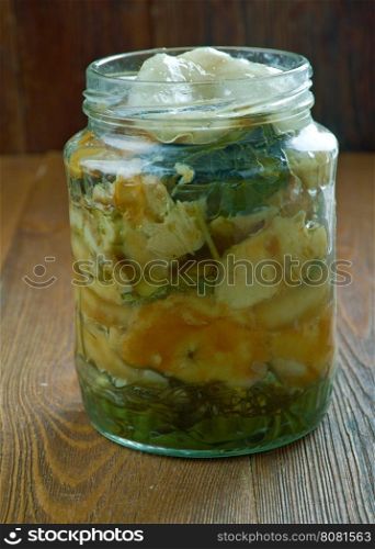 Traditional pickled mushrooms. suolasienet - Finnish cuisine
