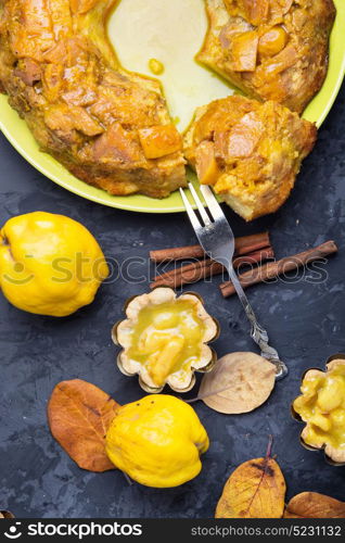 traditional pies quince tarts. autumn homemade baked cake with ripe quince