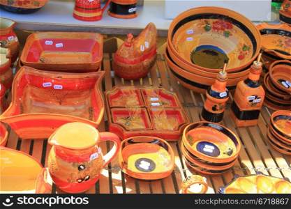 Traditional pottery on a local market in the Provence, France