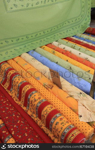 Traditional Provencal patterns on rolls of cotton on a local market