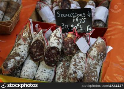 Traditional Provencal sausages at a local French market