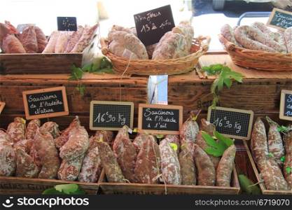 Traditional Provencal sausages on a local market