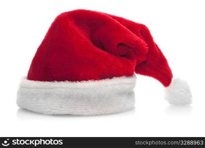Traditional red santa claus hat on white background.