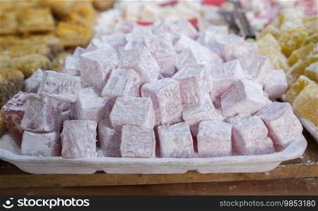 Traditional rose flavoured turkish delights. Items displayed at street market stall