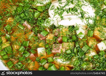 Traditional Russian kvass soup with vegetables - okroshka