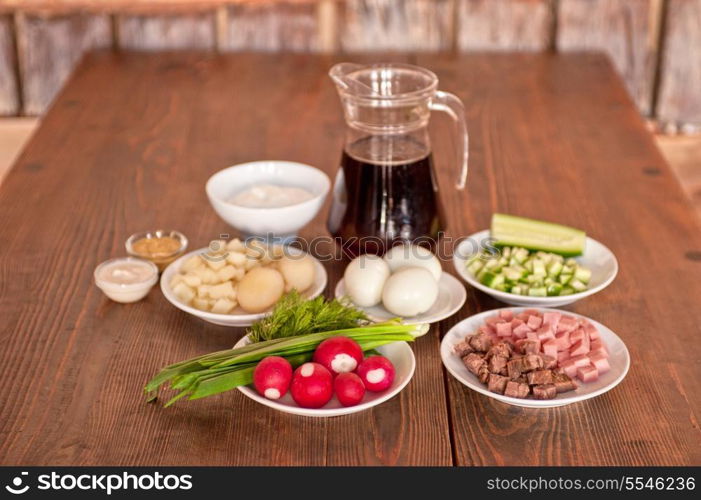 Traditional Russian kvass soup with vegetables - okroshka