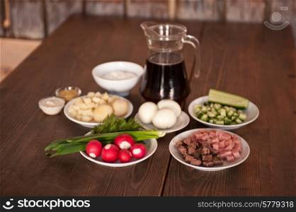 Traditional Russian kvass soup with vegetables - okroshka. okroshka