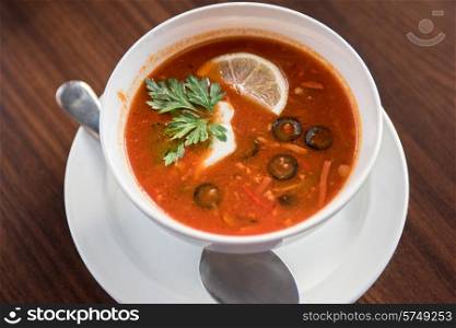 Traditional russian soljanka or saltwort soup. saltwort