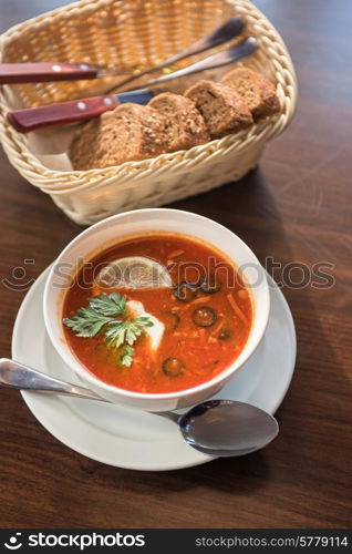 Traditional russian soljanka or saltwort soup. saltwort