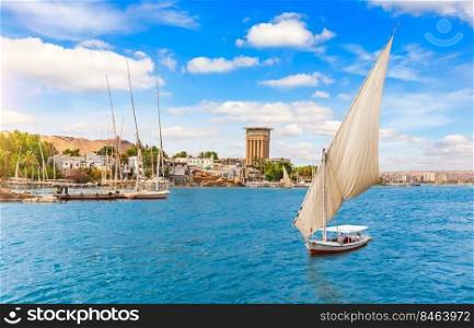 Traditional sailboats in the Nile in Aswan city, Egypt.. Traditional sailboats in the Nile in Aswan city, Egypt