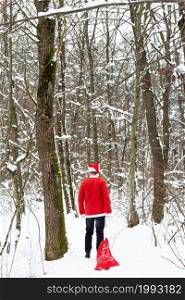 Traditional Santa Claus wearing a hat and dragging a big red sack with gifts through the forest. Traditional Santa Claus wearing a hat and dragging a big red sack with gifts through the forest.