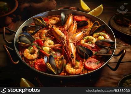 Traditional seafood paella in the pan. Generative AI