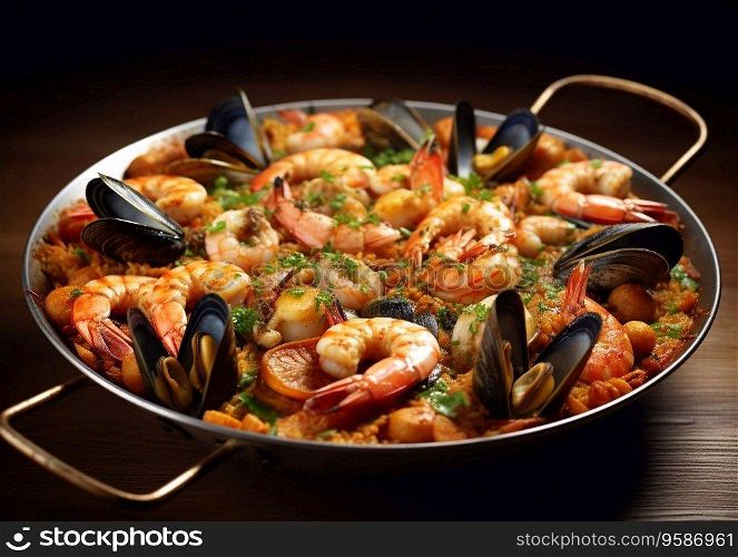Traditional seafood paella with various sea products in frying pan.AI Generative.